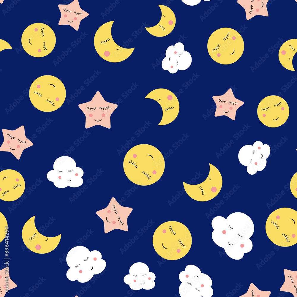 Cute Cloud, Star and Moon Seamless Pattern Background Vector Illustration