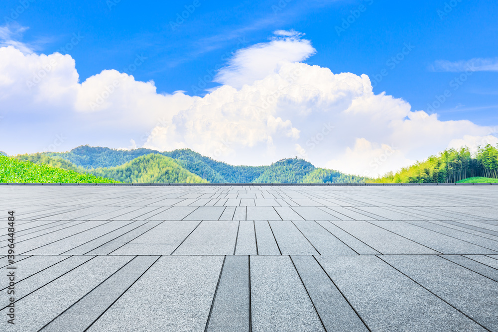 Empty square floor and green mountain with bamboo forest natural landscape.