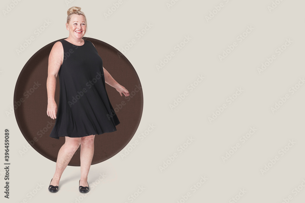 Womens black dress plus size fashion mockup background