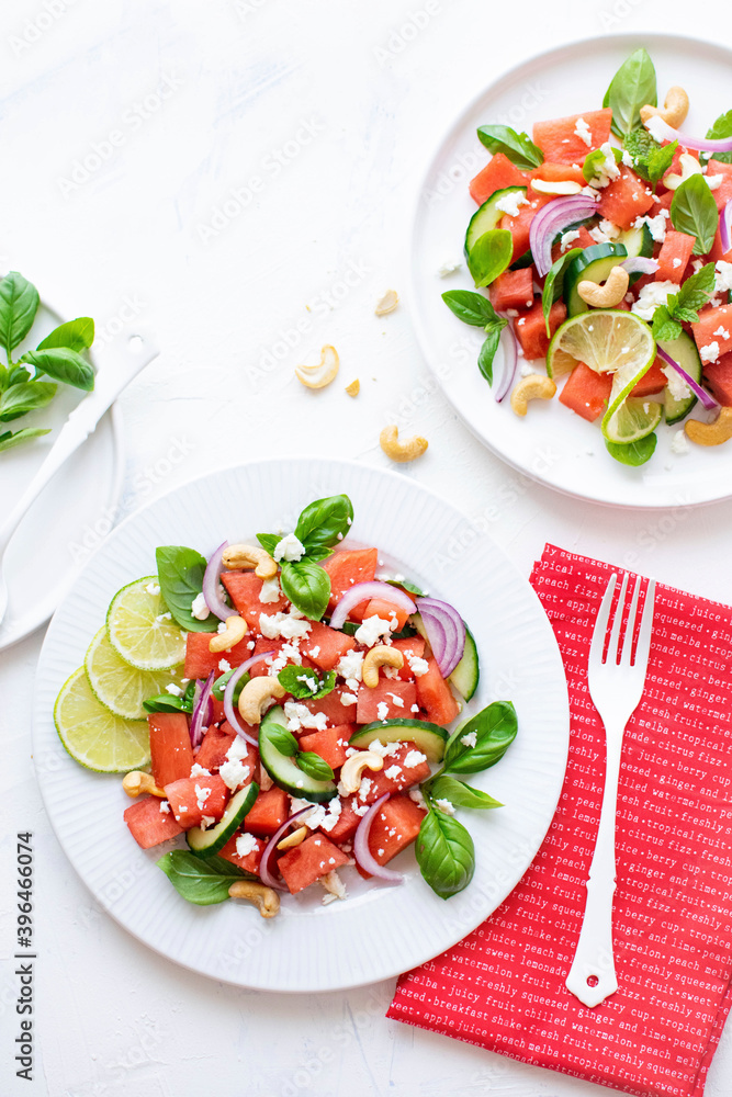 Watermelon salad with cashew nuts and feta