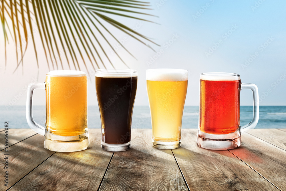 Beer glasses by the beach product backdrop