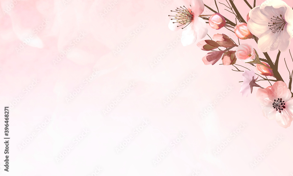 Hand drawn cherry blossoms on a pink background