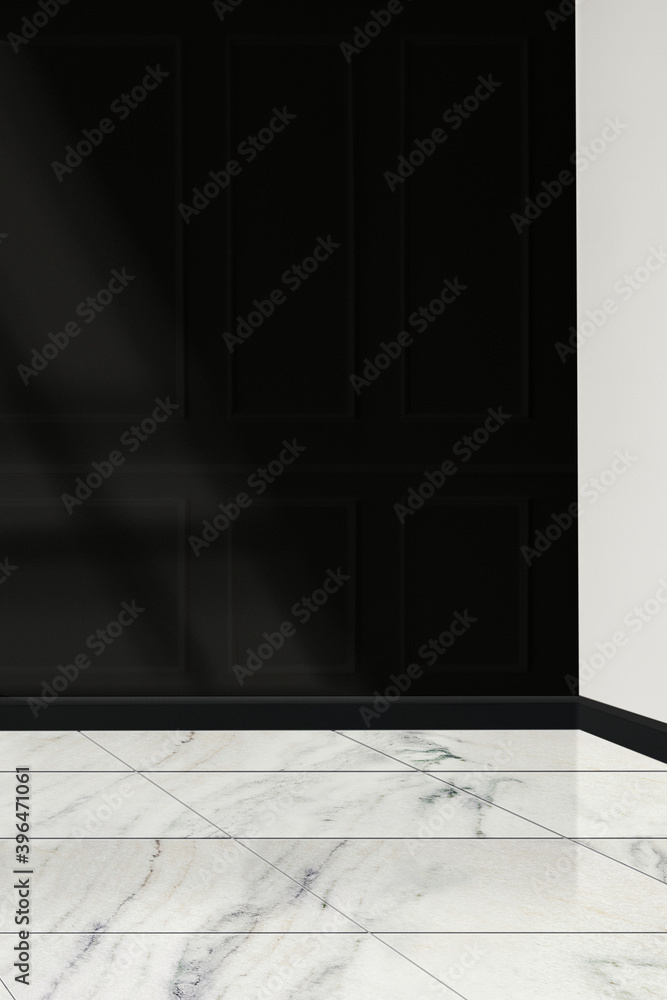 Black wall mockup with white marble floor