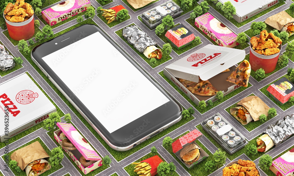 Delivery concept. Phone with different fast food packages. Online ordering food. 3d illustration