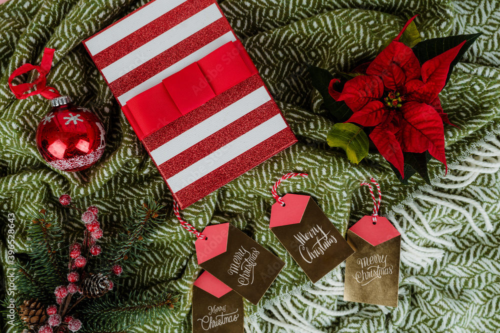 Christmas gift box and tag cards with a poinsettia