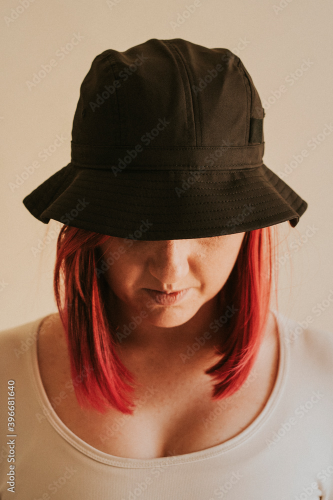 Woman in a gray bucket hat apparel mockup