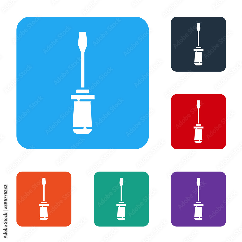 白色螺丝刀图标隔离在白色背景上。维修工具符号。将图标设置为彩色正方形