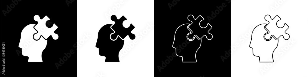 Set Solution to the problem in psychology icon isolated on black and white background. Puzzle. Thera