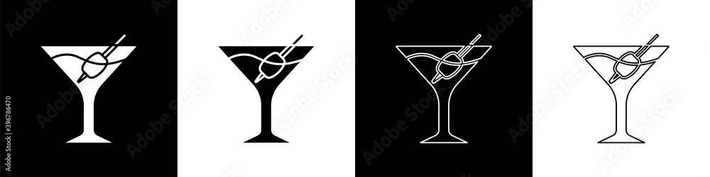 Set Martini glass icon isolated on black and white background. Cocktail icon. Wine glass icon. Vecto