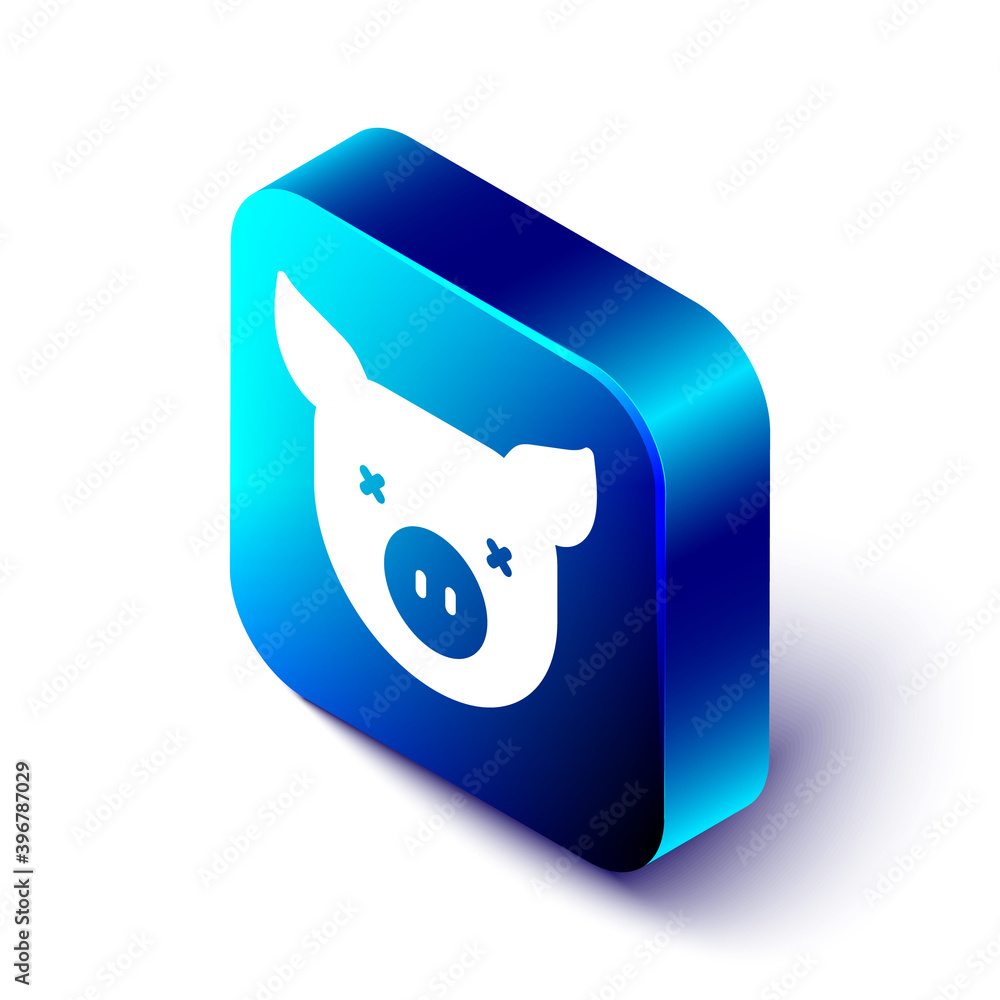 Isometric Pig icon isolated on white background. Animal symbol. Blue square button. Vector.