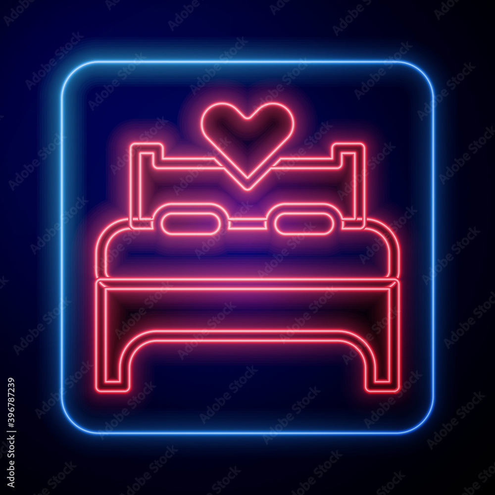 Glowing neon Bedroom icon isolated on blue background. Wedding, love, marriage symbol. Bedroom creat