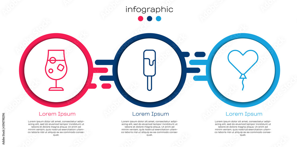 设置鸡尾酒和酒精饮料，冰淇淋和气球的心脏形式。商业信息图表te
