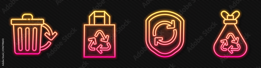 Set line Recycle symbol inside shield, Paper bag with recycle and Garbage bag. Glowing neon icon. Ve