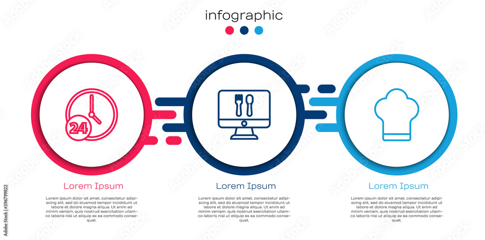 Set line Clock 24 hours, Online ordering and delivery and Chef hat. Business infographic template. V