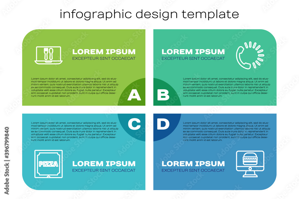 Set line Pizza in cardboard box, Online ordering and delivery, and Food. Business infographic templa