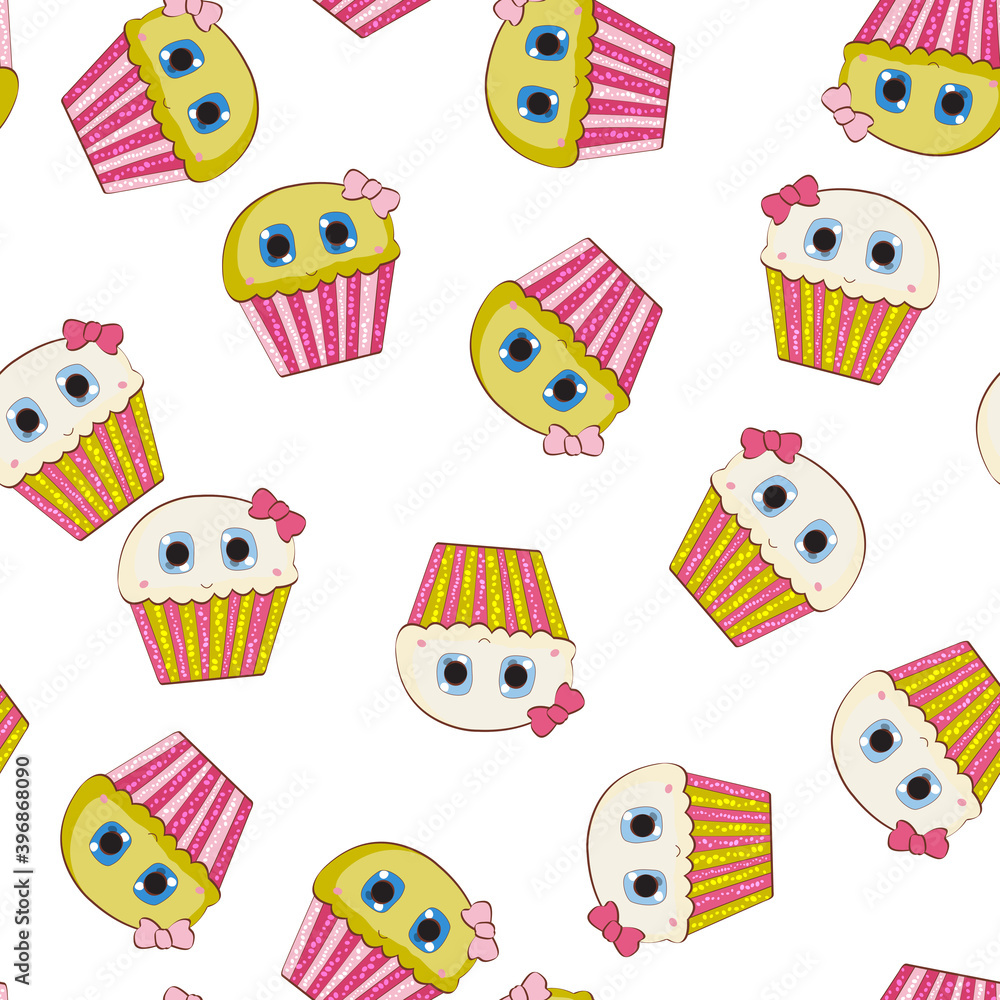 Little Cute Cupcake Seamless Pattern Background. Vector Illustration