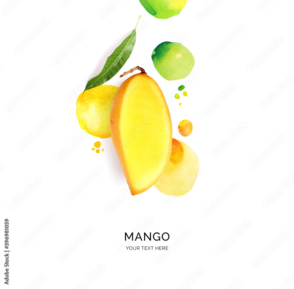 Creative layout made of mango with watercolor spots on the white background. Flat lay. Food concept.