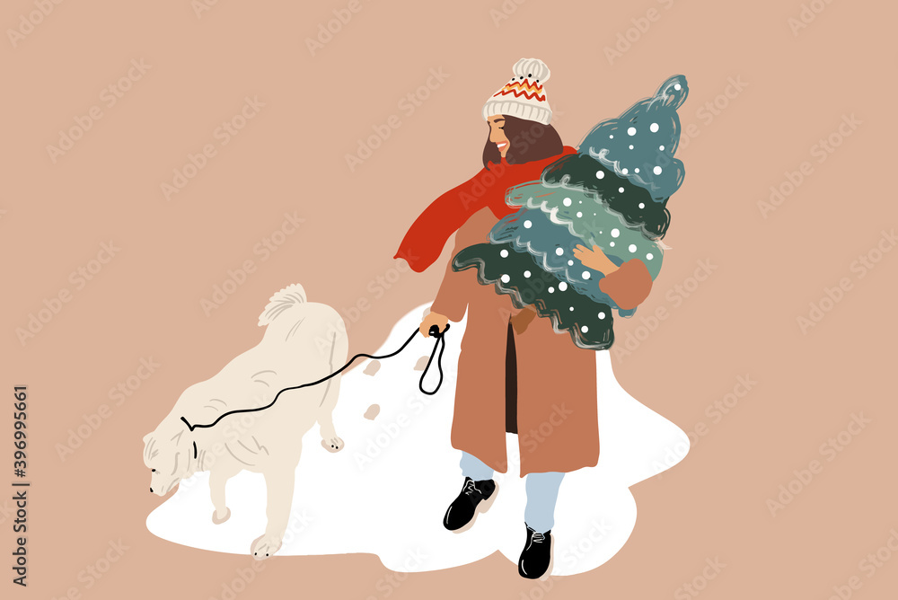 Woman walking with a dog and carrying Christmas tree outdooors, preparing for the New Year holidays.