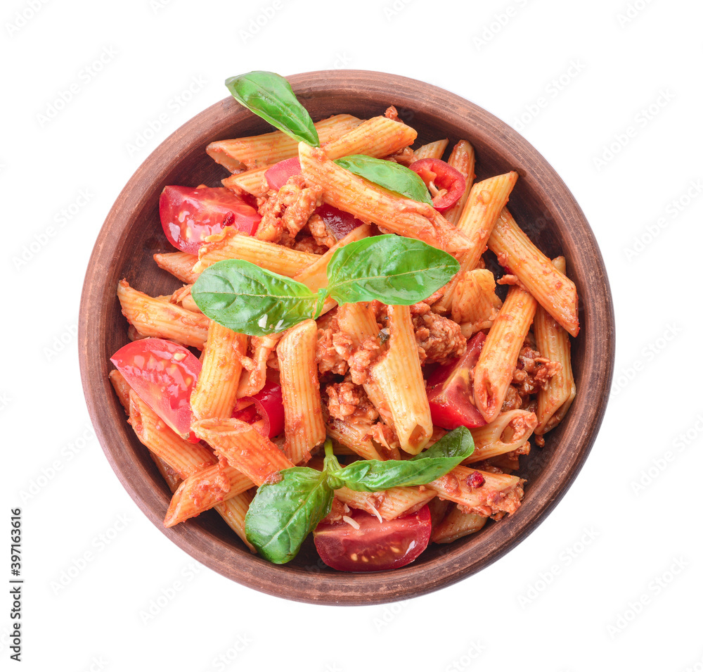 Plate of penne pasta with tomato sauce on white background