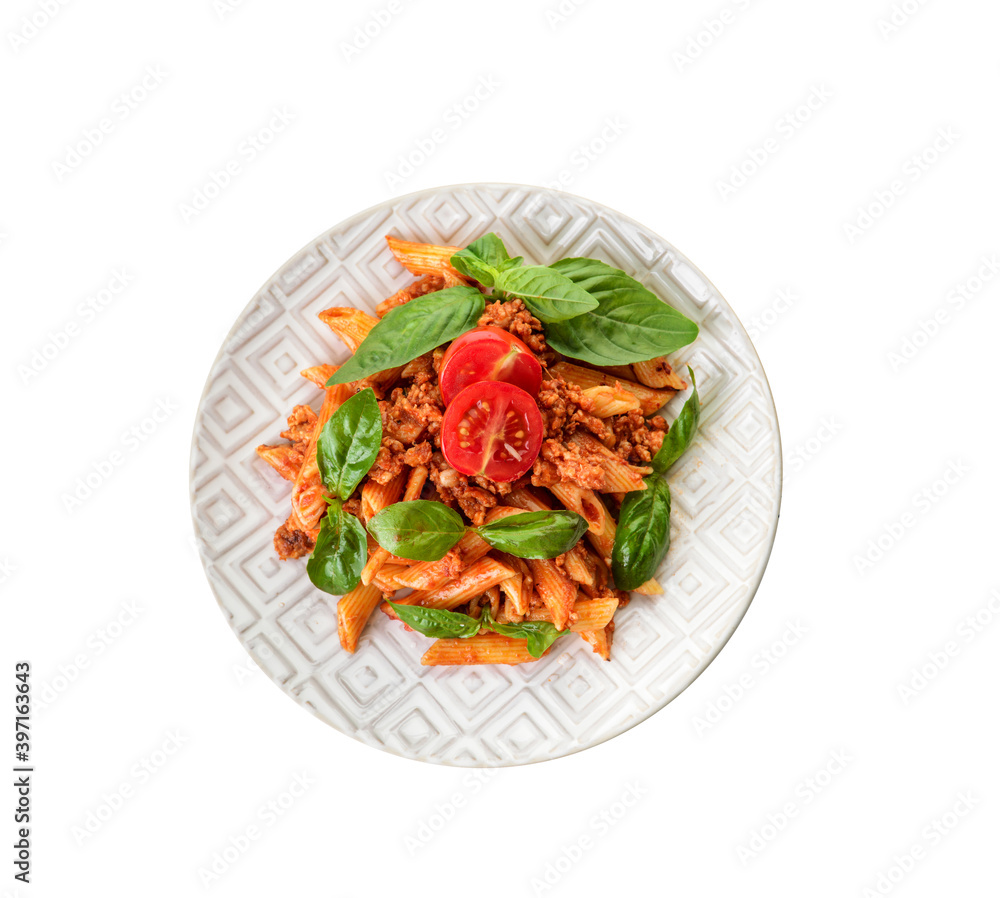 Plate of penne pasta with tomato sauce on white background