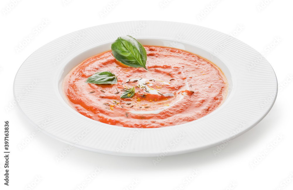 Bowl of tomato cream soup isolated  on  white background