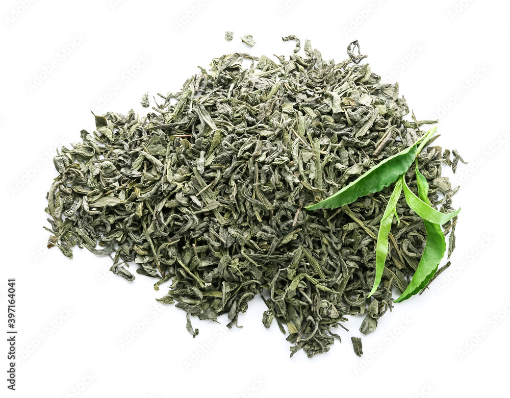 Dry green tea on white background