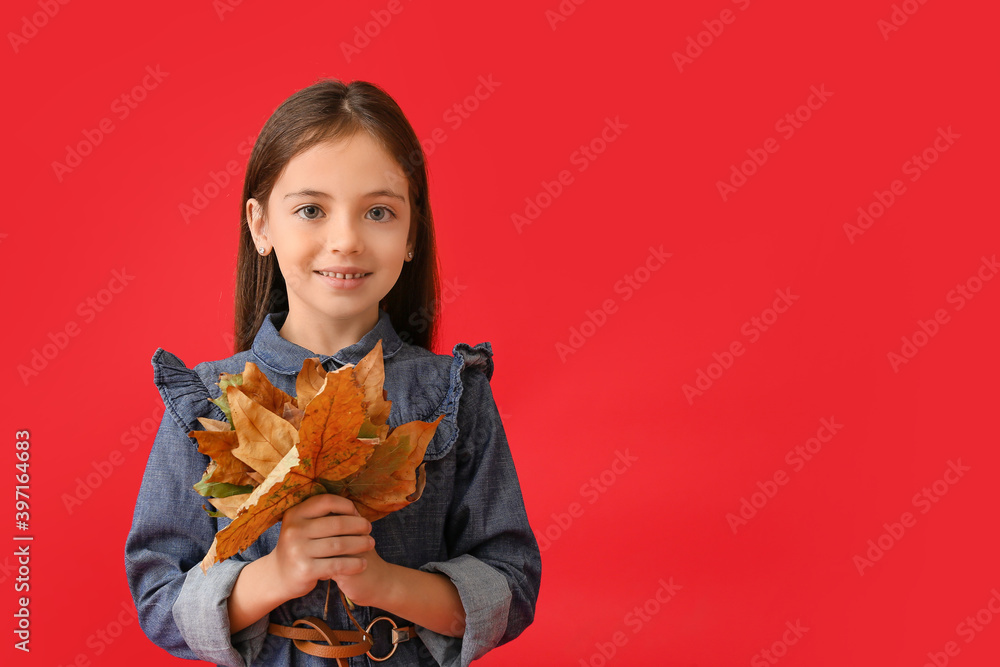 彩色背景上有秋叶的可爱小女孩