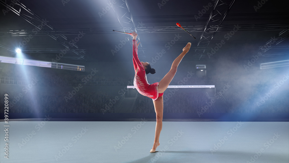 Rhythmic gymnast in professional arena.