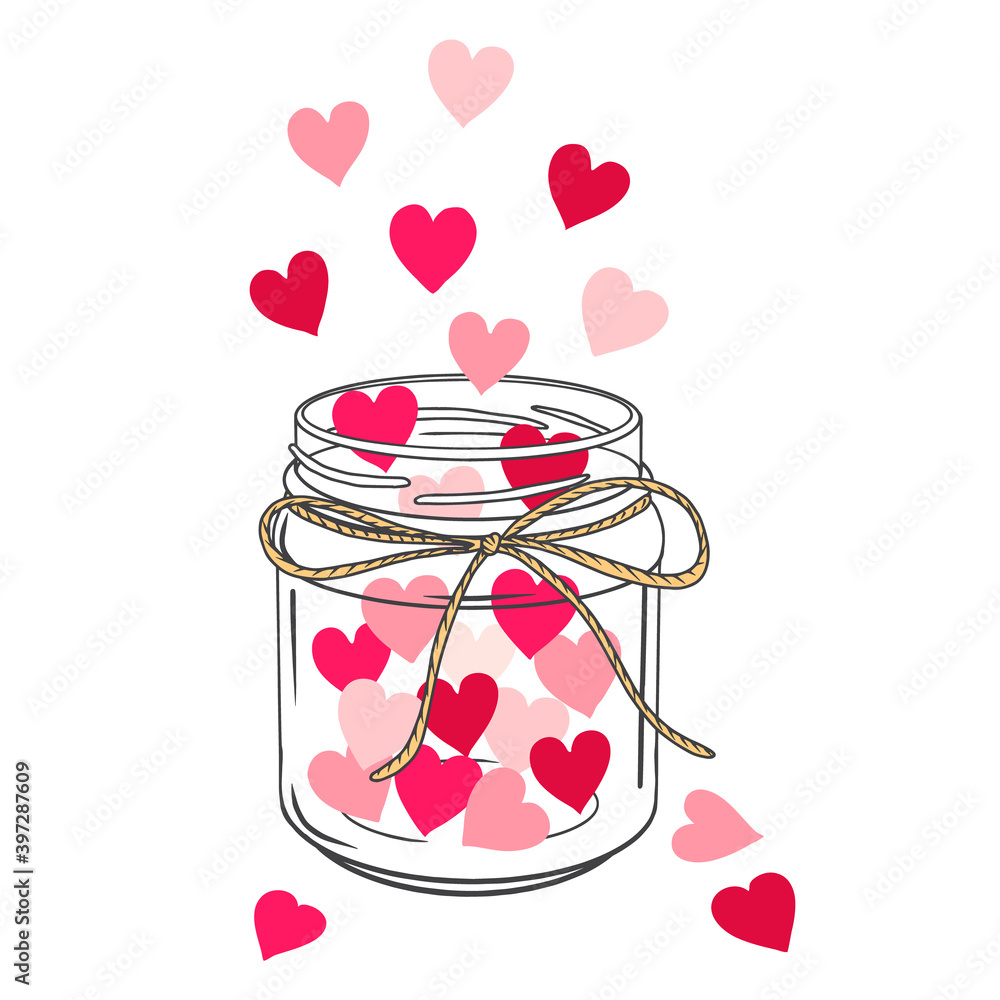 silhouette of a glass jar with hearts. Colorful and black. Hand drawn object. Doodle style. Vector i