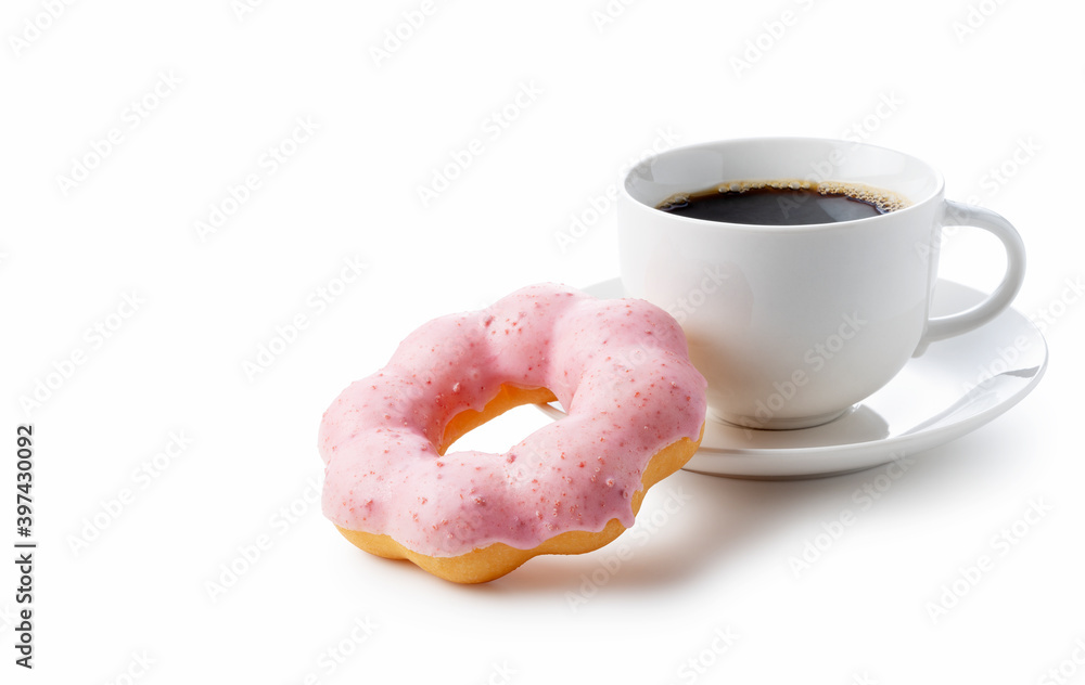 Hot coffee with pink donuts on a white background