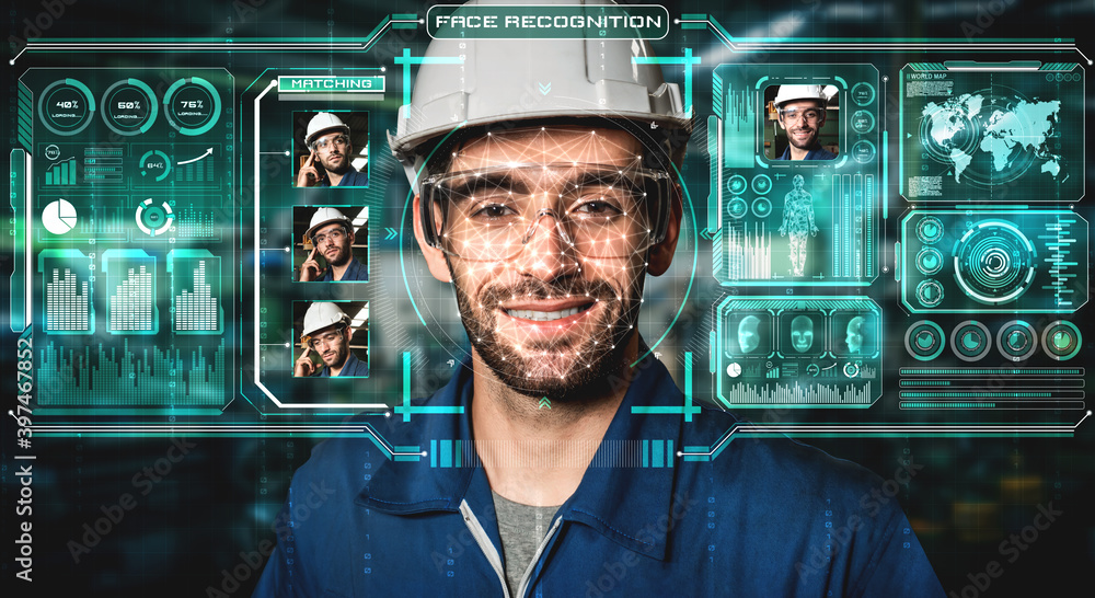 Facial recognition technology for industry worker to access machine control . Future concept interfa