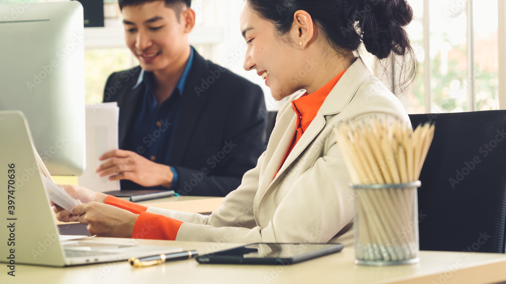 Two business people talk project strategy at office meeting room. Businessman discuss project planni