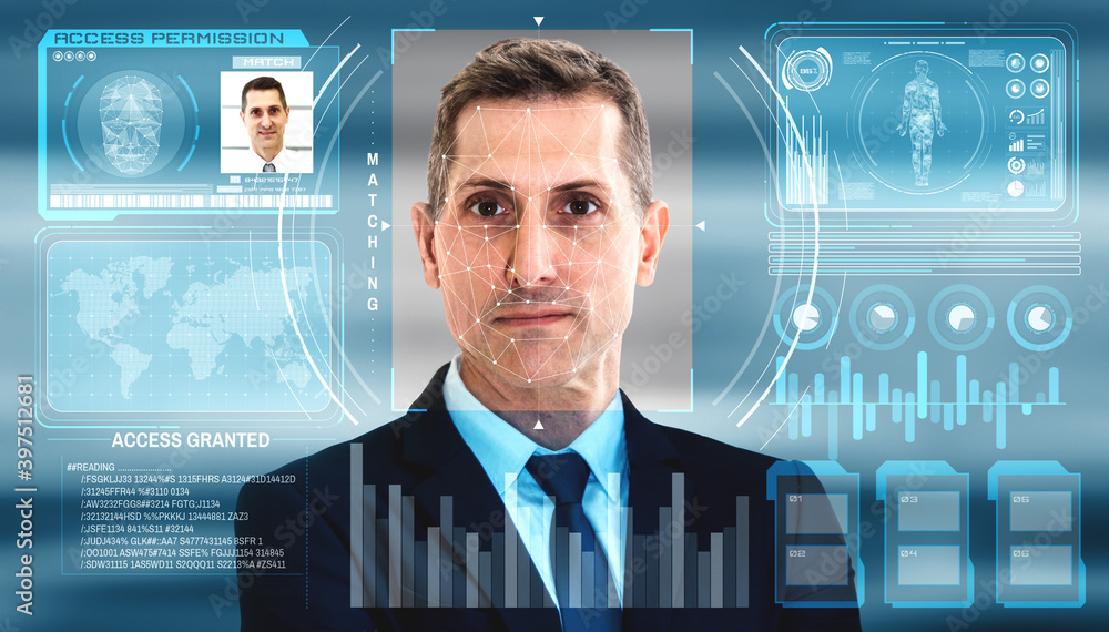 Facial recognition technology scan and detect people face for identification . Future concept interf