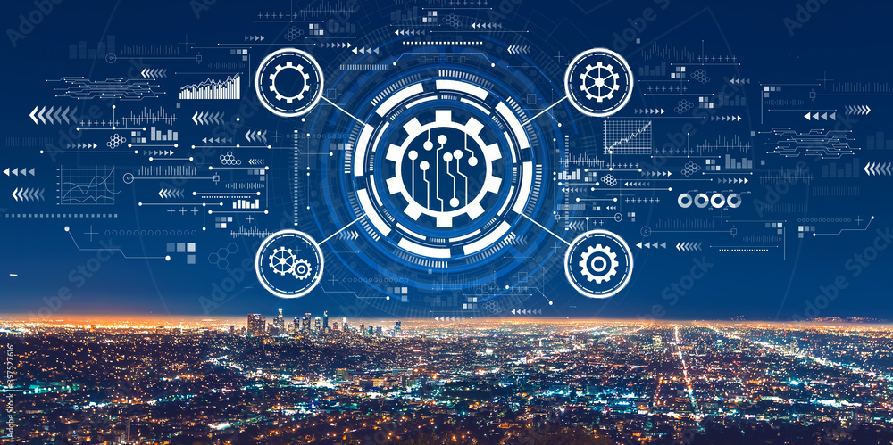 Automation concept with downtown Los Angeles at night