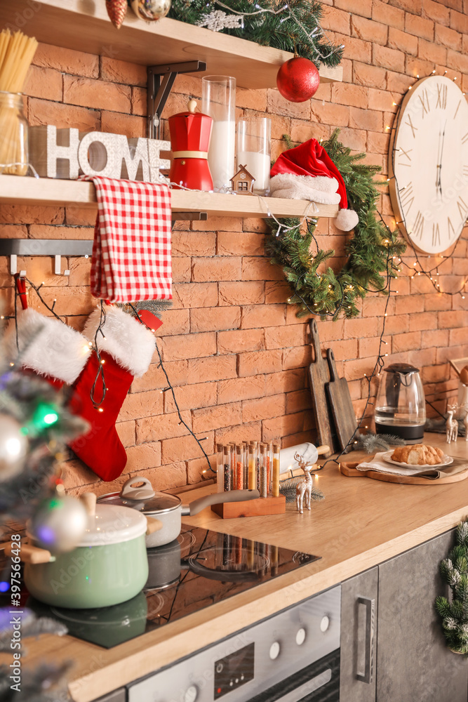 Interior of modern kitchen decorated for Christmas