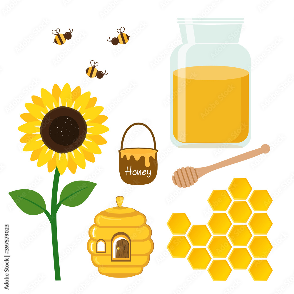 Sunflower, bees, beehive, honey jar and wooden dipper icon set isolated on white background vector i