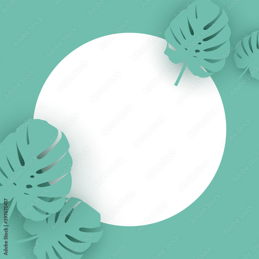 Monstera Palm leaves trendy background with empry frame. Vector illustration. EPS10