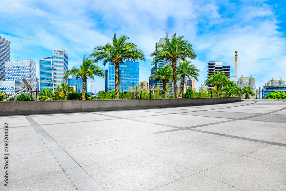 Empty square floor and financial district buildings in Shanghai,China.