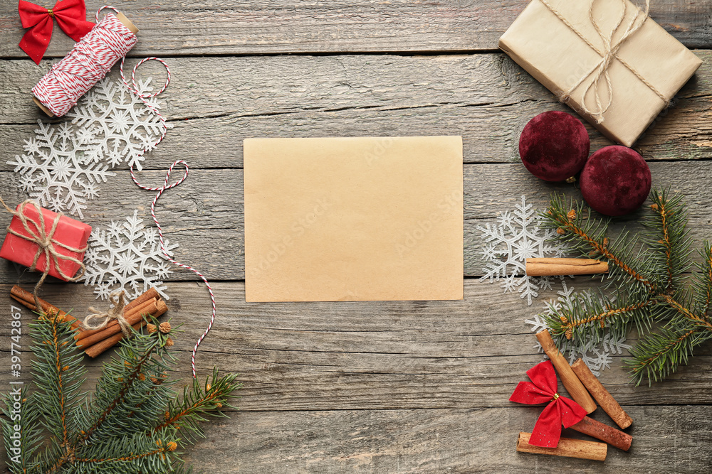 Blank letter to Santa and Christmas decor on wooden background