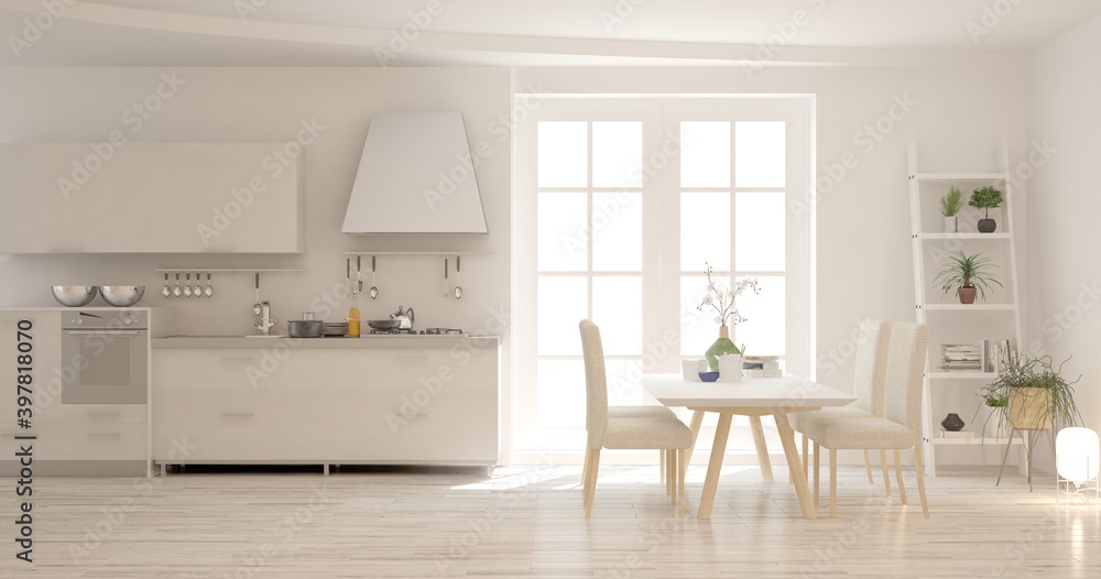 White stylish minimalist kitchen. Scandinavian interior design. 3D illustration