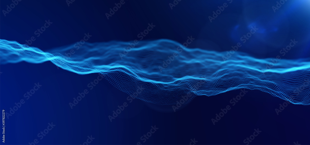 Blue particle wave background. Abstract dynamic mesh. Big data technology. Vector grid illustration.