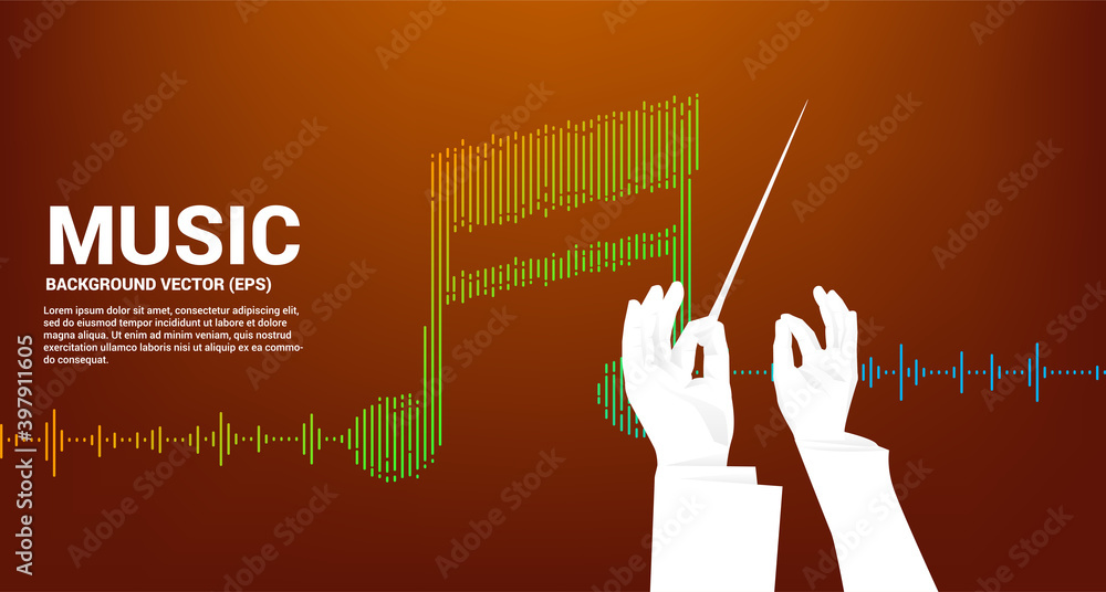 具有音乐和声音技术概念的矢量指挥家手。均衡器波作为音乐音符