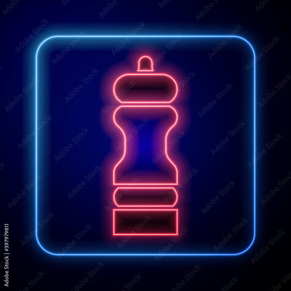 Glowing neon Pepper icon isolated on blue background. Cooking spices. Vector.