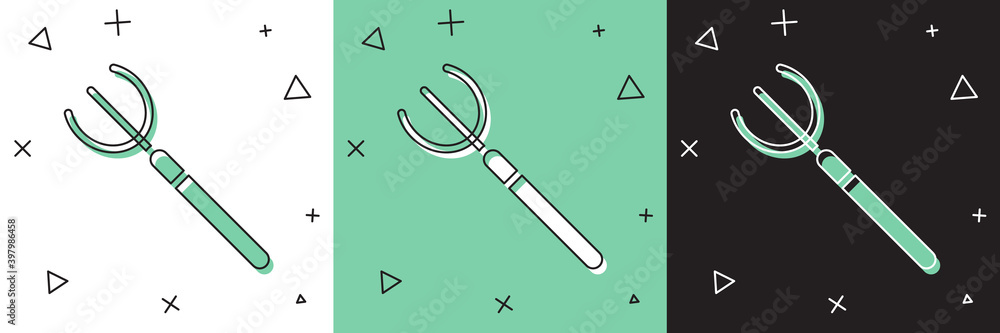 Set Garden pitchfork icon isolated on white and green, black background. Garden fork sign. Tool for 