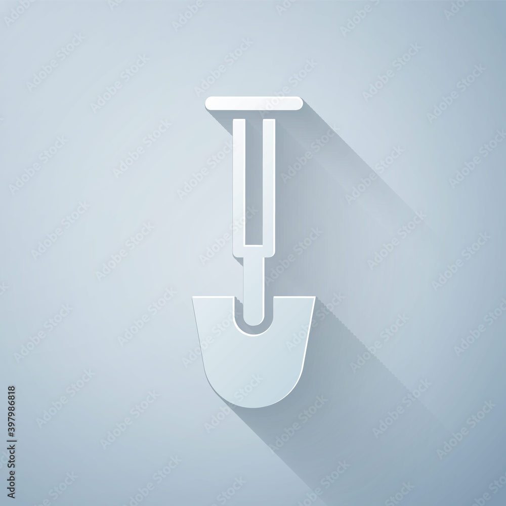 Paper cut Shovel icon isolated on grey background. Gardening tool. Tool for horticulture, agricultur