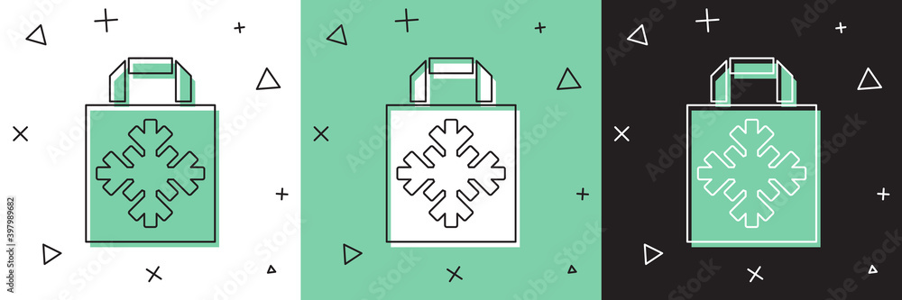 Set Christmas paper shopping bag with snowflake icon isolated on white and green, black background. 