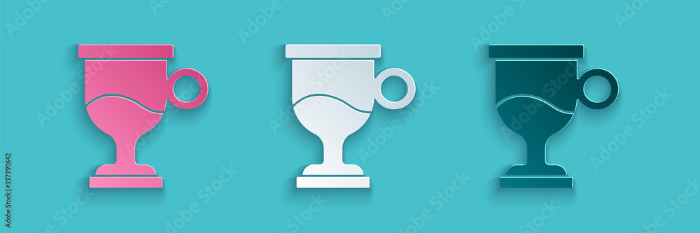 Paper cut Mulled wine with glass of drink and ingredients icon isolated on blue background. Cinnamon