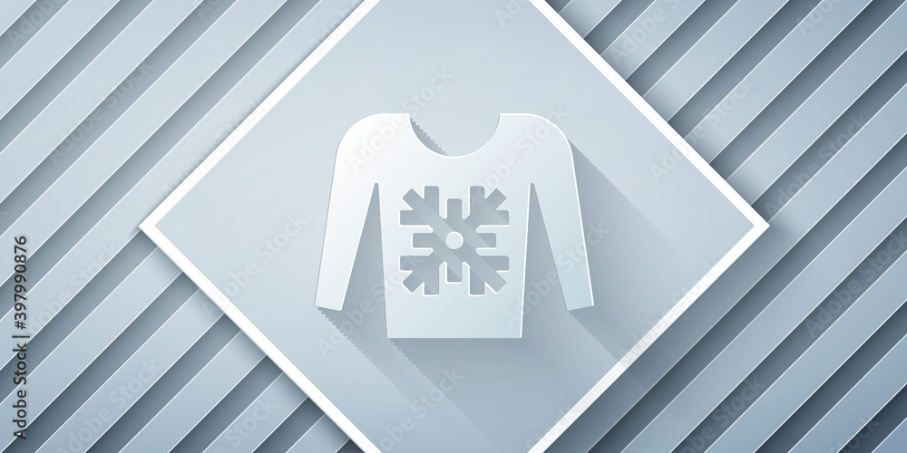 Paper cut Christmas sweater with norwegian ornaments and holidays decorations icon isolated on grey 