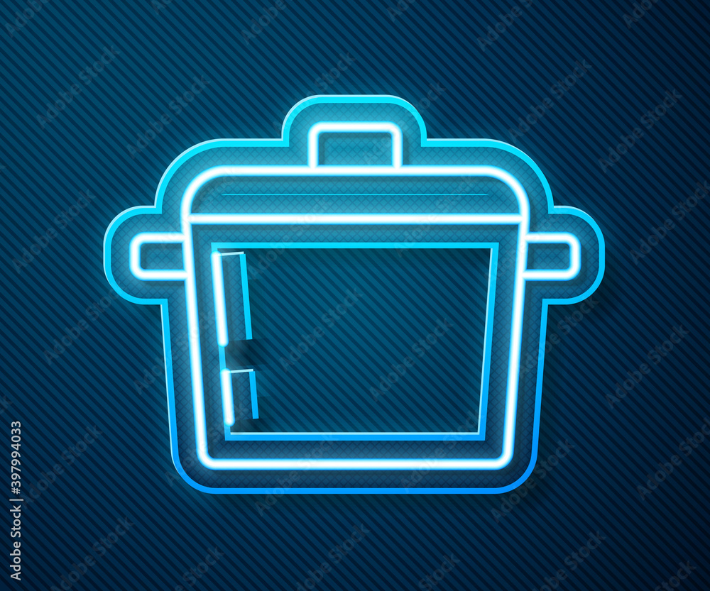 Glowing neon line Cooking pot icon isolated on blue background. Boil or stew food symbol. Vector.