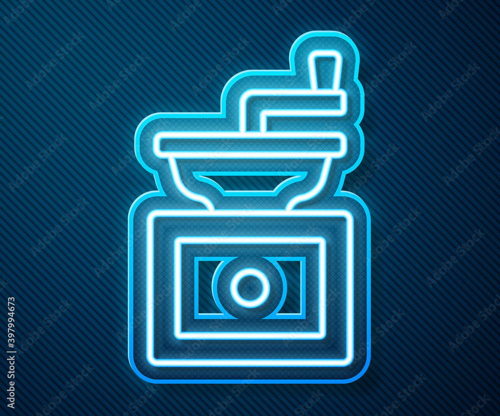 Glowing neon line Manual coffee grinder icon isolated on blue background. Vector.